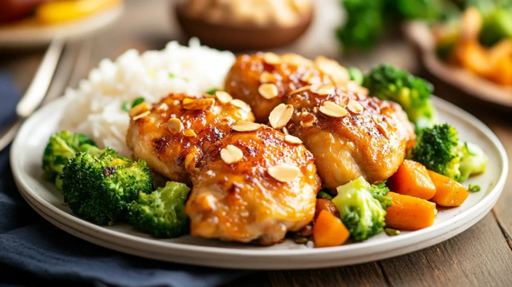 Almond Chicken: Healthier Versions You Can Try at Home 3 A plate of almond chicken garnished with toasted almonds and served with rice and vegetables.